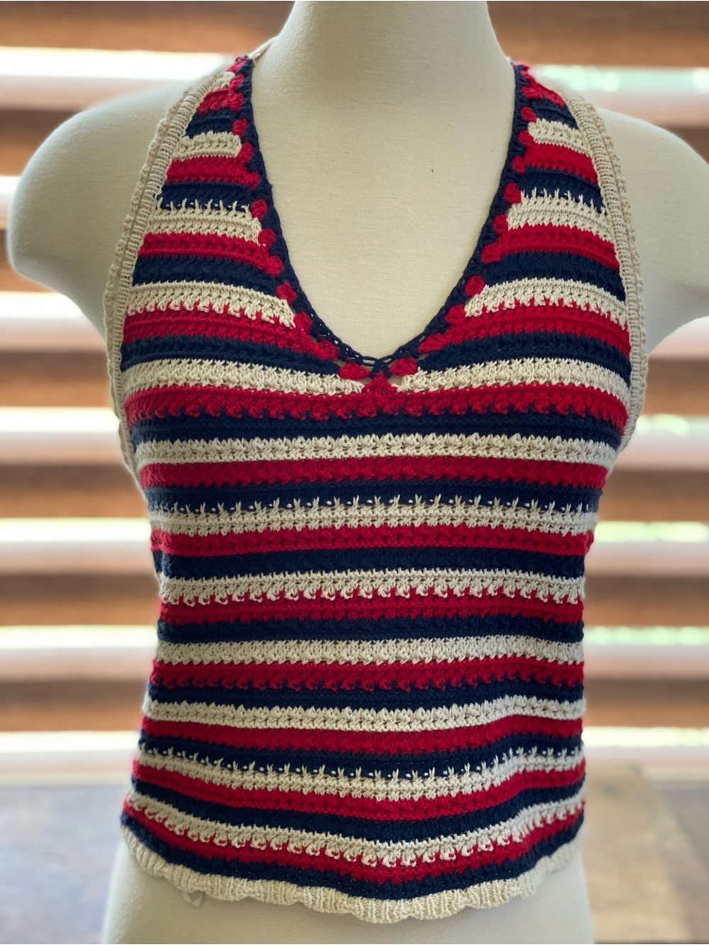Moon and Madison Striped Crochet Halter Tank Top - Red, Navy & Cream